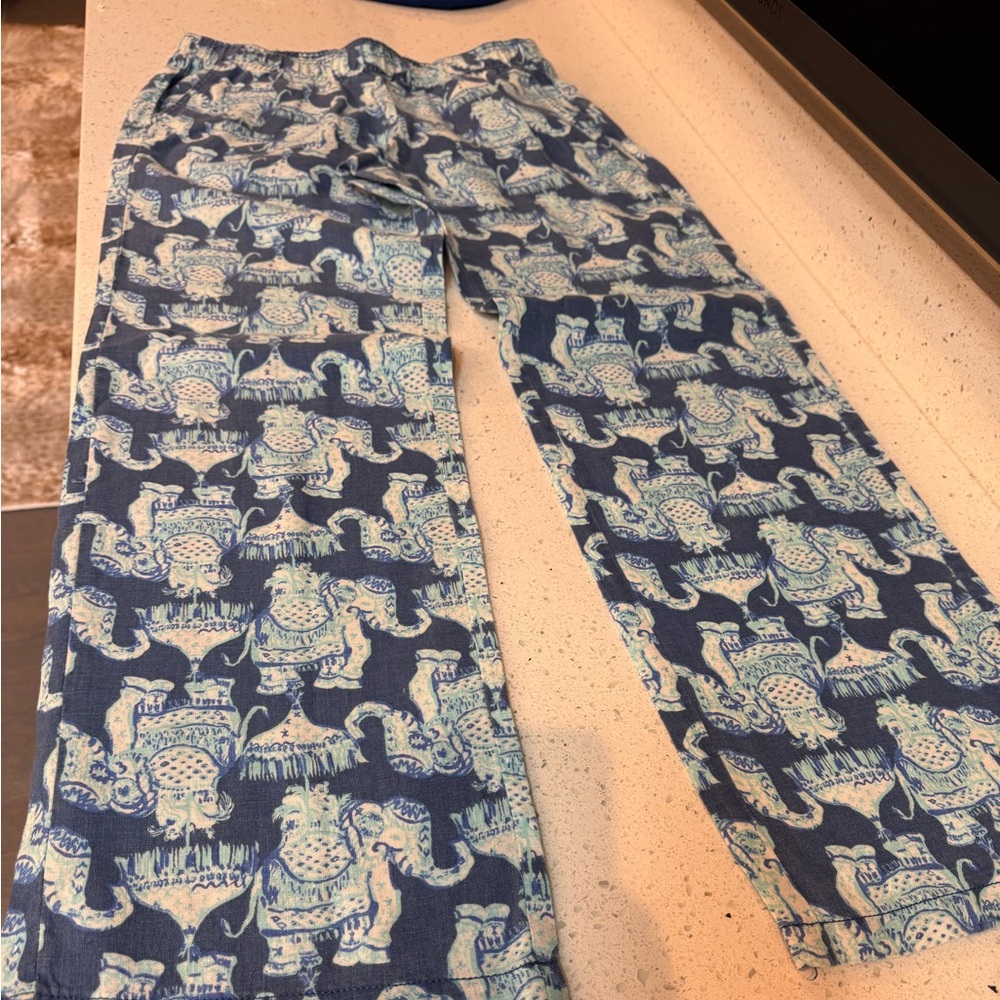 Lilly Pulitzer Florita Linen Pants Deep Indigo Joy Ride Blue Elephants M